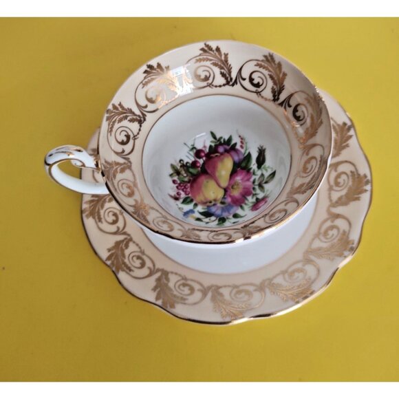Foley Wide Mouth Teacup and Saucer, Fruit & Floral Bouquet, Gold Accents England - Picture 2 of 10